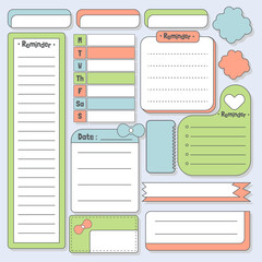 Cute blank paper notes. Stationery organizer set. Scrapbook notes and memo schedule.Printable planner stickers. To Do List sticky note pad. Decorative planning element. Vector illustration.