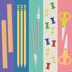 School Supplies Icon, Ruler Icon, Pencil Icon, Knife Icon, Thumbtack Icon, Scissors Vector, Office Supplies, Office Supplies Icon Set, Vector Illustration Background