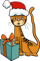 cartoon cat or kitten with present on Christmas time