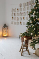 Christmas tree with toys and advent calendar and December mood