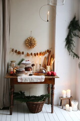 Table with Christmas sweet treats, cupcake, pie and stolen