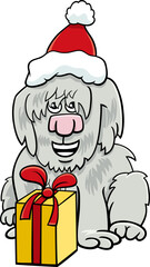 cartoon shaggy dog with gift on Christmas time
