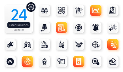 Set of Business flat icons. Stock analysis, Loyalty star and Heart flame elements for web application. Cooking whisk, Megaphone, Full rotation icons. Chemistry beaker, Inspect. Vector