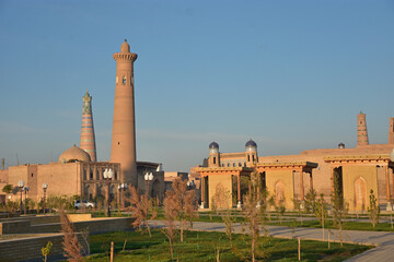 Panoramic view of the fortress wall and the old city with minarets in Khiva (Xiva) in Uzbekistan