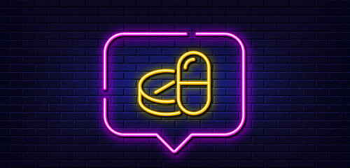 Neon light speech bubble. Medical drugs line icon. Medicine pills sign. Pharmacy medication symbol. Neon light background. Medical drugs glow line. Brick wall banner. Vector