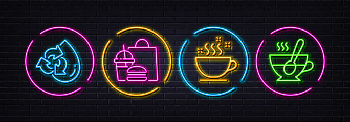 Fast food, Coffee cup and Recycle water minimal line icons. Neon laser 3d lights. Tea cup icons. For web, application, printing. Meal order, Hot drink, Refill aqua. Coffee with spoon. Vector
