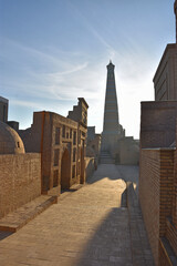 Old streets in oriental style of Khiva city in Uzbekistan with minarets, towers and mosques