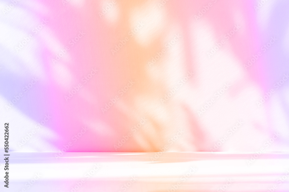 Poster Abstract gradient pink studio background for product presentation. Empty room with shadows of window and flowers and palm leaves . 3d room with copy space. Summer concert. Blurred backdrop.