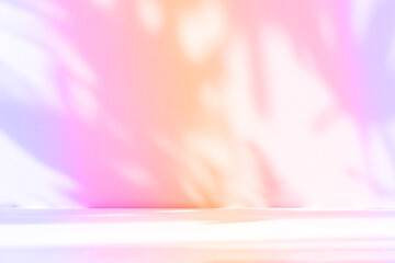 Abstract gradient pink studio background for product presentation. Empty room with shadows of window and flowers and palm leaves . 3d room with copy space. Summer concert. Blurred backdrop.
