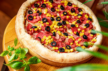 Tasty and big pizza with different types of meat. Pizza with sausage, ham, corn and olives.