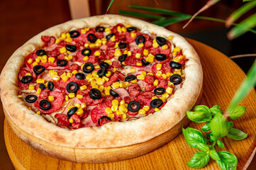 Tasty and big pizza with different types of meat. Pizza with sausage, ham, corn and olives.