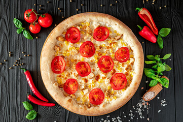 Tasty and big pizza with different types of meat