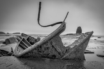 Shipwreck at Saltwick bay, UK in grayscale - closeup shot
