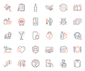 Business icons set. Included icon as Justice scales, Manual and Hoody web elements. Arrivals plane, Software bug, Paint roller icons. Checklist, Life insurance, Tree web signs. Vector