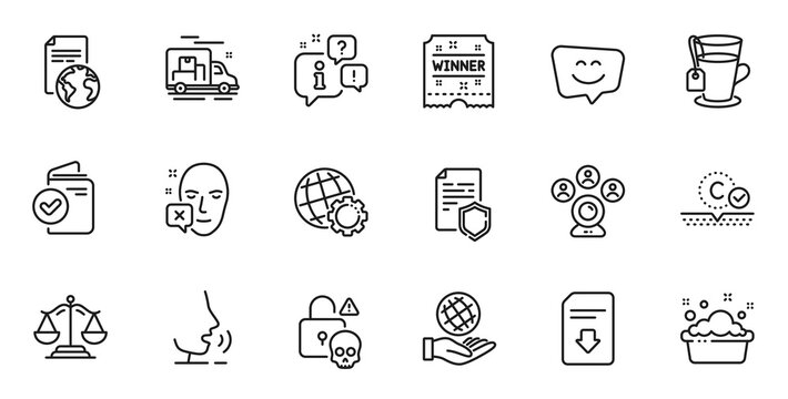 Outline set of Download file, Hand washing and Tea line icons for web application. Talk, information, delivery truck outline icon. Vector