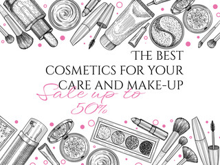 Vector banner template with discounts for skincare and make-up cosmetics in engraving style. Linear cream, patches, serum, shadows, mascara, lipstick, blush, brushes, powder