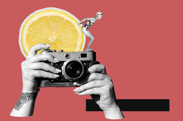 Digital collage with female hands holding vintage film camera, woman in swim suit and slice of a...