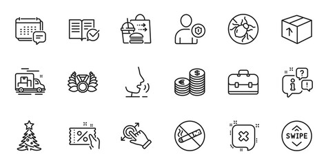 Outline set of Bed bugs, Security and Package line icons for web application. Talk, information, delivery truck outline icon. Include Message, Swipe up, Discount coupon icons. Vector