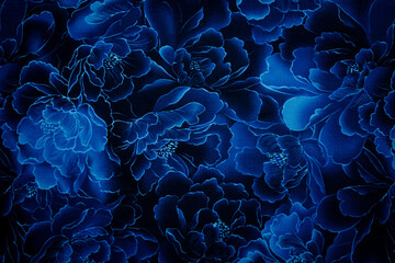 Fototapety  beautiful dark - royal blue vivid texture background. Fabric full of blue flowers