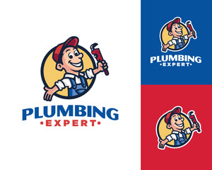 Mascot plumber logo. Plumber cartoon illustration. Plumbing logo.