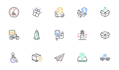 48 hours, Parcel shipping and Paper plane line icons for website, printing. Collection of Lighthouse, Disability, International flight icons. Pin, Open box, Send box web elements. Vector