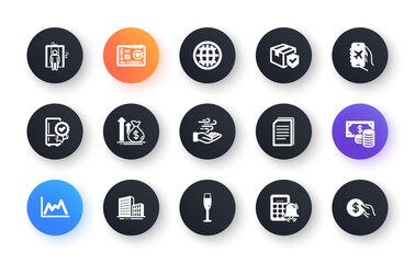Minimal set of Calculator alarm, Budget and Certified refrigerator flat icons for web development. Coins banknote, Copy files, Flight mode icons. Wind energy, Motherboard, Diagram web elements. Vector