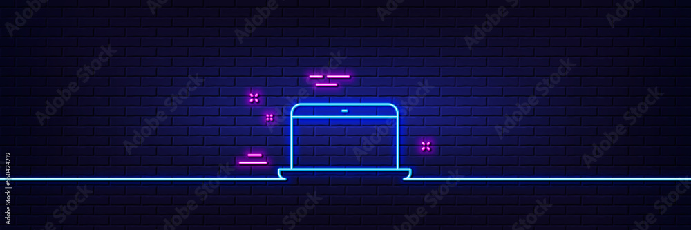 Poster neon light glow effect. laptop computer icon. notebook sign. portable personal computer symbol. 3d l
