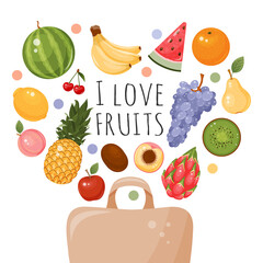 Shopping eco-friendly paper bag and fruits. Organic fruits from supermarket. I love fruits. Vector illustration. Isolated on white. Cartoon style.
