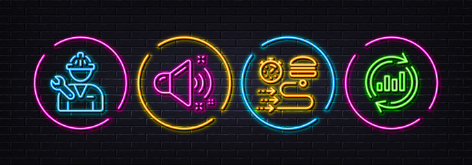 Food delivery, Loud sound and Repairman minimal line icons. Neon laser 3d lights. Update data icons. For web, application, printing. Order timer, Music, Repair service. Sales chart. Vector