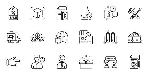 Outline set of Valet servant, Chemistry beaker and Click hand line icons for web application. Talk, information, delivery truck outline icon. Vector