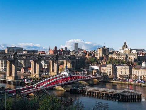 Newcastle Upon Tyne Quayside With Swing And High Level Bridges.