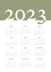 Calendar year 2023. Calendar with dates in Spanish. Vector in Illustrator. Template. Template. Mockup to customize. Clean and minimalist design. Serif letters. 
Editable.