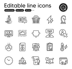 Set of Education outline icons. Contains icons as Fake review, Wallet and Manual doc elements. Instruction manual, Puzzle, Electricity power web signs. User, Electricity, Coal trolley elements. Vector