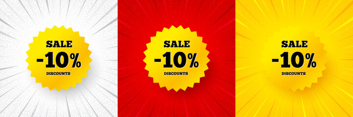 Sale 10 percent off banner. Flash offer banner, coupon or poster. Discount sticker shape. Coupon star icon. Sale 10 percent promo banner. Retail marketing flyer. Starburst pop art. Vector