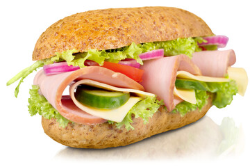 Fresh multi-grain turkey,chicken sub on white background