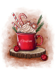 watercolor cup of hot chocolate with sticks and christmas decorations