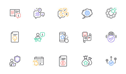 Thumb down, Journey and Verified internet line icons for website, printing. Collection of Manual, Technical info, Seo gear icons. Star rating, Metro map, Shield web elements. Vector