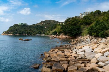Lake and the shore of Stanley, Hong Kong under the blue sky