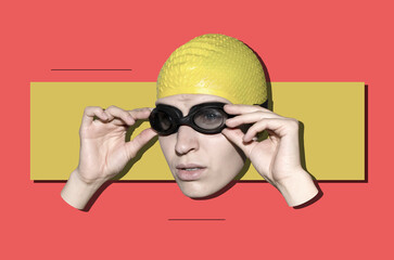 Mixed media collage with head of a young woman in swim glasses and yellow swim hat