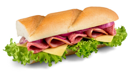 Footlong ham & swiss submarine sandwich isolated on white