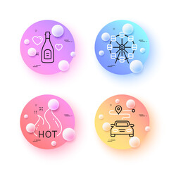 Journey, Ferris wheel and Love champagne minimal line icons. 3d spheres or balls buttons. Hot sale icons. For web, application, printing. Trip distance, Attraction park, Valentines day. Vector