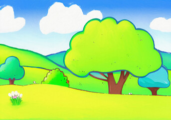 Obraz premium Digital painting beautiful nature landscape, eco green trees, peaceful sky. Graphic design background for banners and prints, web backdrop illustration. Minimalist art.