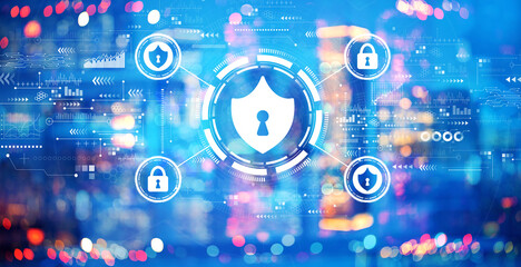 Cyber security theme with blurred city lights at night