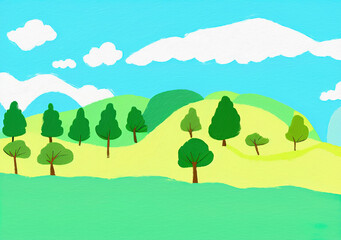 Digital painting beautiful nature landscape, eco green trees, peaceful sky. Graphic design background for banners and prints, web backdrop illustration. Minimalist art.