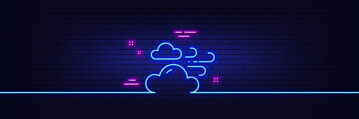 Neon light glow effect. Windy weather line icon. Clouds with wind sign. Sky symbol. 3d line neon glow icon. Brick wall banner. Windy weather outline. Vector