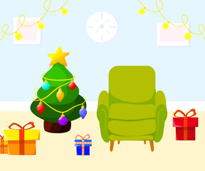 Fototapeta premium Cozy home interior with Christmas decoration, living room cartoon flat vector illustration. Christmas tree, garlands and gift boxes.