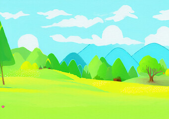 Digital painting beautiful nature landscape, eco green trees, peaceful sky. Graphic design background for banners and prints, web backdrop illustration. Minimalist art.