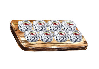 Sushi roll watercolor illustration asian japanese food lunch menu