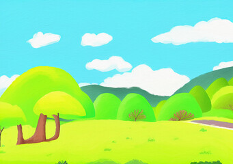 Obraz premium Digital painting beautiful nature landscape, eco green trees, peaceful sky. Graphic design background for banners and prints, web backdrop illustration. Minimalist art.