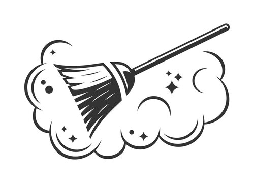 Soap foam with broom silhouette isolated on white background. Cleaning concept. Vector illustration